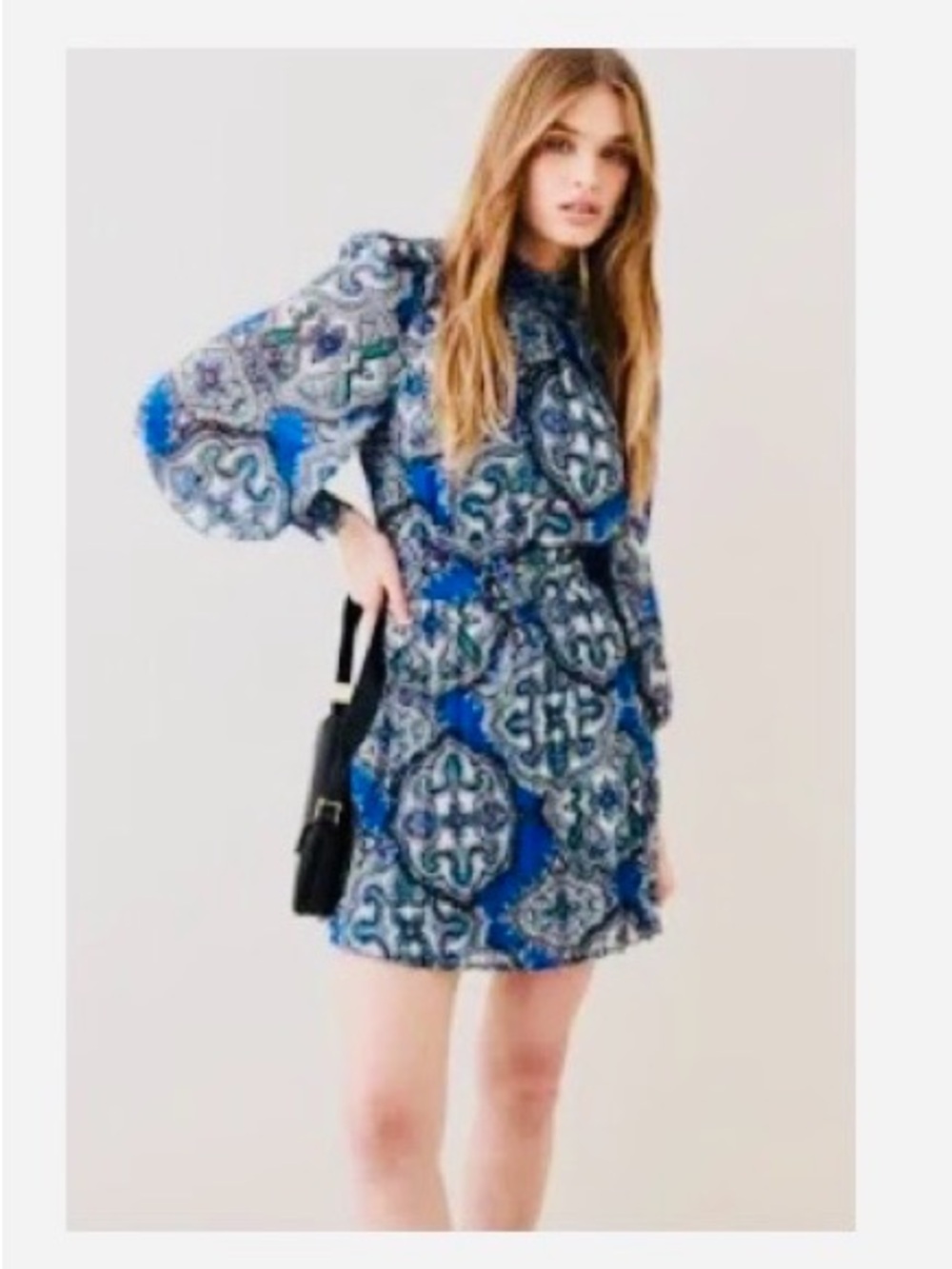 Karen Millen Blue Paisley-Patterned Long-Sleeve Mini Dress